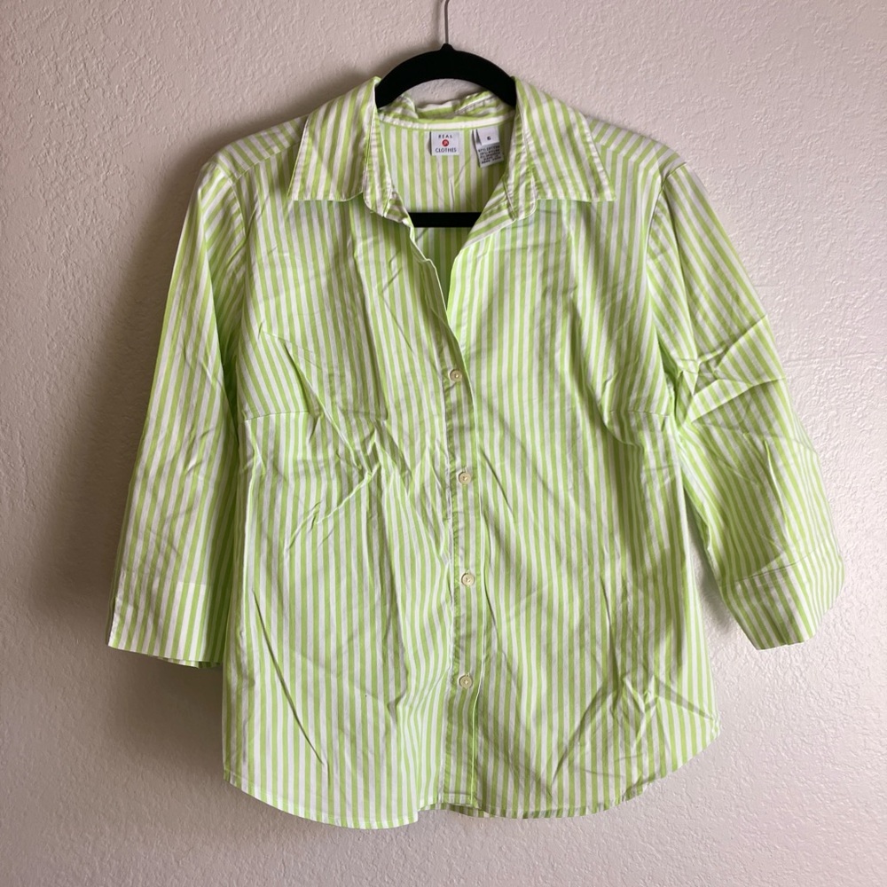 Real Clothes from Saks Green Striped Collared Shirt